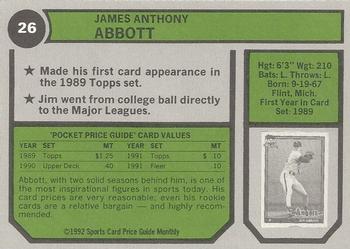 1992 SCD Sports Card Price Guide Monthly #26 Jim Abbott Back