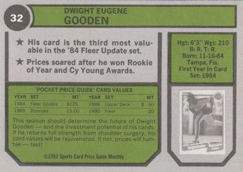 1992 SCD Sports Card Price Guide Monthly #32 Dwight Gooden Back
