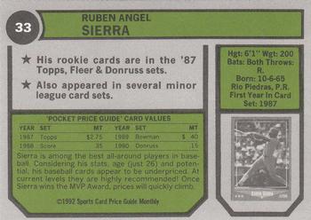 1992 SCD Sports Card Price Guide Monthly #33 Ruben Sierra Back