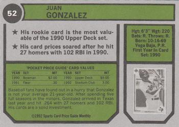 1992 SCD Sports Card Price Guide Monthly #52 Juan Gonzalez Back