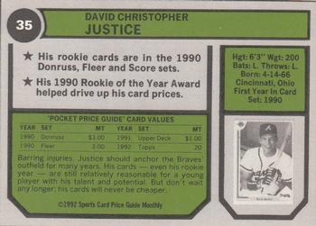 1992 SCD Sports Card Price Guide Monthly #35 Dave Justice Back