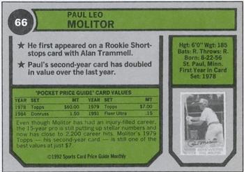 1992 SCD Sports Card Price Guide Monthly #66 Paul Molitor Back