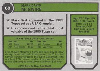 1992 SCD Sports Card Price Guide Monthly #69 Mark McGwire Back