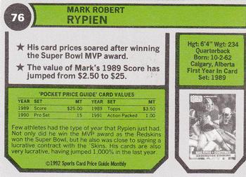 1992 SCD Sports Card Price Guide Monthly #76 Mark Rypien Back