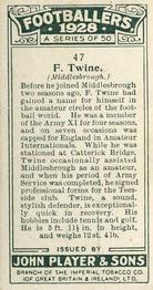 1928-29 Player's Footballers #47 Frank Twine Back