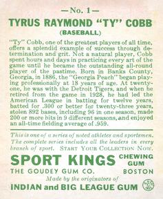 1933 Sport Kings (R338) #1 Ty Cobb Back