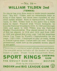 1933 Sport Kings (R338) #16 Bill Tilden Back