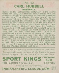 1933 Sport Kings (R338) #42 Carl Hubbell Back