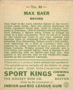 1933 Sport Kings (R338) #44 Max Baer Back