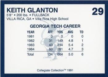 1991 Collegiate Collection Georgia Tech Yellow Jackets #29 Keith Glanton Back