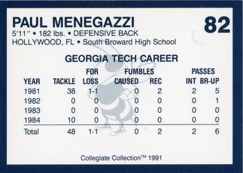 1991 Collegiate Collection Georgia Tech Yellow Jackets #82 Paul Menegazzi Back