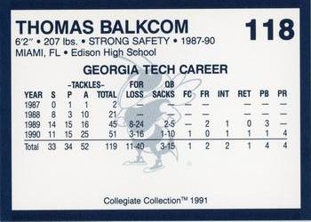 1991 Collegiate Collection Georgia Tech Yellow Jackets #118 Thomas Balkcom Back