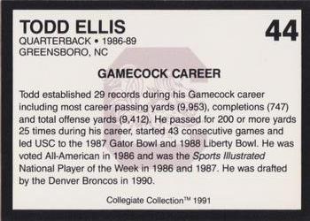 1991 Collegiate Collection South Carolina Gamecocks #44 Todd Ellis Back