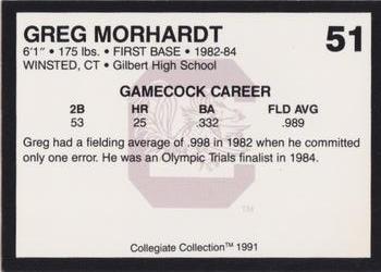 1991 Collegiate Collection South Carolina Gamecocks #51 Greg Morhardt Back