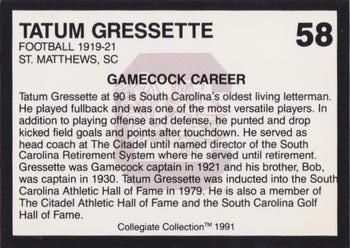 1991 Collegiate Collection South Carolina Gamecocks #58 Tatum Gressette Back