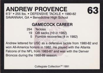 1991 Collegiate Collection South Carolina Gamecocks #63 Andrew Provence Back
