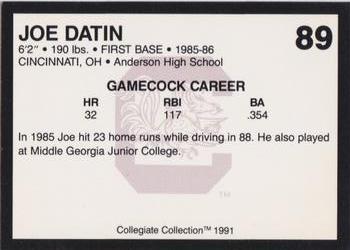 1991 Collegiate Collection South Carolina Gamecocks #89 Joe Datin Back