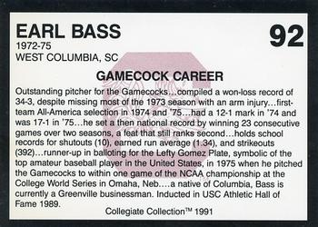 1991 Collegiate Collection South Carolina Gamecocks #92 Earl Bass Back