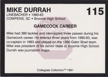 1991 Collegiate Collection South Carolina Gamecocks #115 Mike Durrah Back