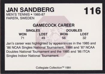 1991 Collegiate Collection South Carolina Gamecocks #116 Jan Sandberg Back