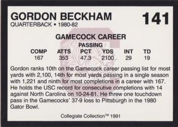 1991 Collegiate Collection South Carolina Gamecocks #141 Gordon Beckham Back