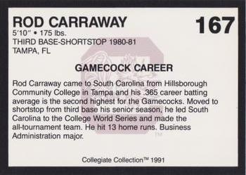 1991 Collegiate Collection South Carolina Gamecocks #167 Rod Carraway Back