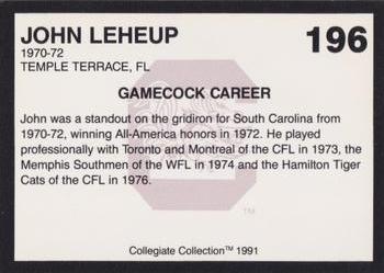 1991 Collegiate Collection South Carolina Gamecocks #196 John Leheup Back