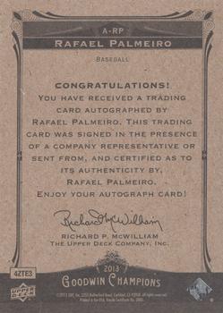 2013 Upper Deck Goodwin Champions - Autographs #A-RP Rafael Palmeiro Back