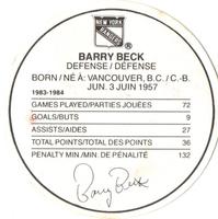 1984-85 Kellogg's Accordion Discs #NNO Barry Beck Back