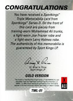 2010 Sportkings Series D - Triple Memorabilia Gold #TML-01 Muhammad Ali / Joe Frazier / Larry Holmes Back