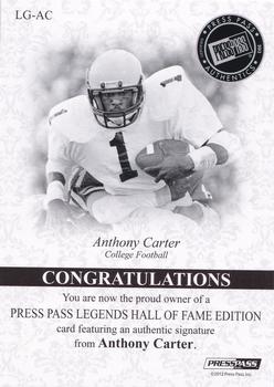 2012 Press Pass Legends Hall of Fame #LG-AC Anthony Carter Back