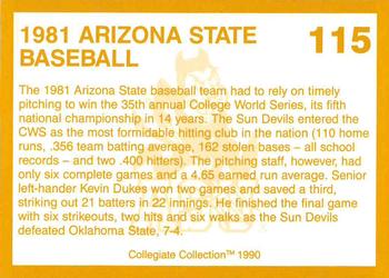 1990-91 Collegiate Collection Arizona State Sun Devils #115 1981 Arizona State Baseball Back