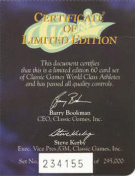 1992 Classic World Class Athletes #NNO Certificate of Limited Edition Back