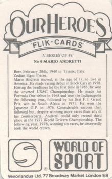 1979 Venorlandus World of Sport Flik-Cards Our Heroes #6 Mario Andretti Back