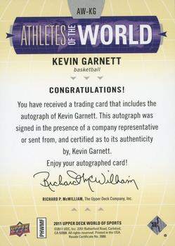 2011 Upper Deck World of Sports - Athletes of the World Autographs #AW-KG Kevin Garnett Back