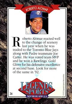 1992 Legends Sports Memorabilia #36 Roberto Alomar Back