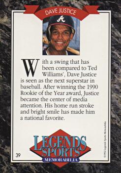1992 Legends Sports Memorabilia #39 Dave Justice Back