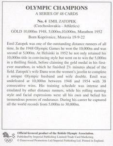 1996 Imperial Publishing Limited Olympic Champions #4 Emil Zatopek Back