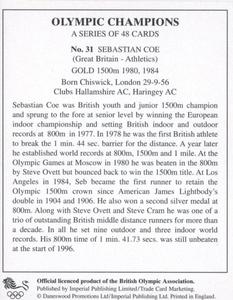 1996 Imperial Publishing Limited Olympic Champions #31 Sebastian Coe Back