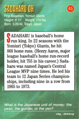 1996-98 Sports Illustrated for Kids Oversized #45 Sadaharu Oh Back