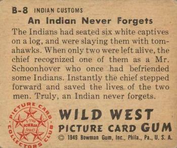 1949 Bowman Wild West (R701-19) #B-8 An Indian Never Forgets Back