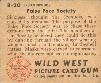 1949 Bowman Wild West (R701-19) #B-20 False Face Society Back