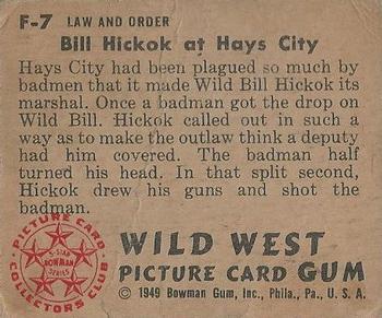 1949 Bowman Wild West (R701-19) #F-7 Bill Hickok at Hays City Back