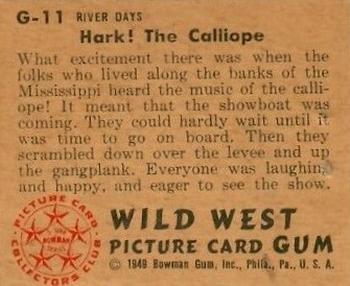 1949 Bowman Wild West (R701-19) #G-11 Hark! The Calliope Back