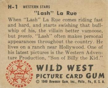 1949 Bowman Wild West (R701-19) #H-1 Lash LaRue Back