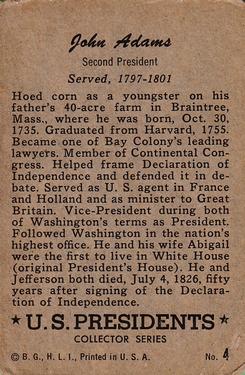 1952 Bowman U.S. Presidents (R701-17) #4 John Adams Back