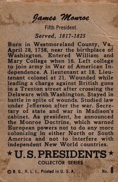 1952 Bowman U.S. Presidents (R701-17) #8 James Monroe Back