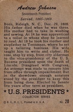 1952 Bowman U.S. Presidents (R701-17) #20 Andrew Johnson Back
