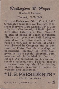 1952 Bowman U.S. Presidents (R701-17) #22 Rutherford B. Hayes Back