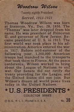 1952 Bowman U.S. Presidents (R701-17) #30 Woodrow Wilson Back